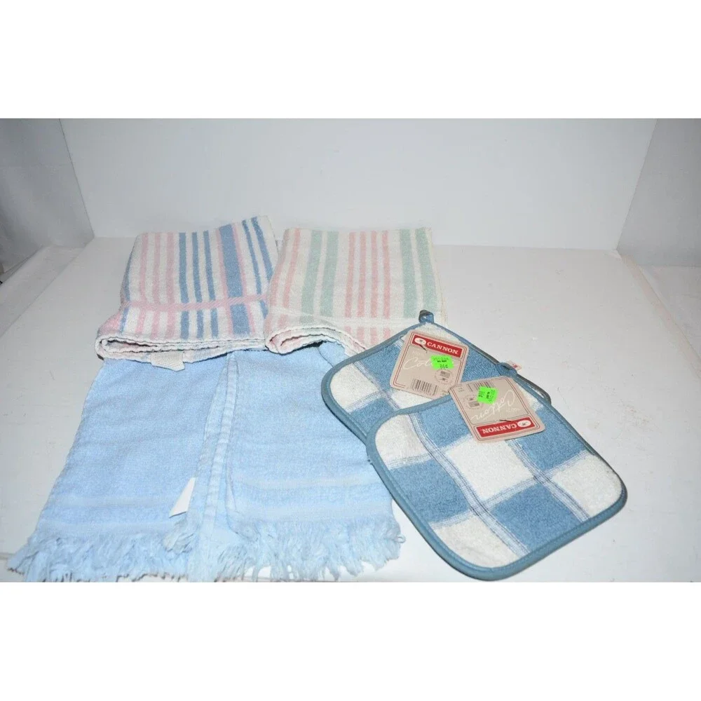 Vtg Cannon Kitchen Towel‎ Potholders + Stevens dish towels country Block